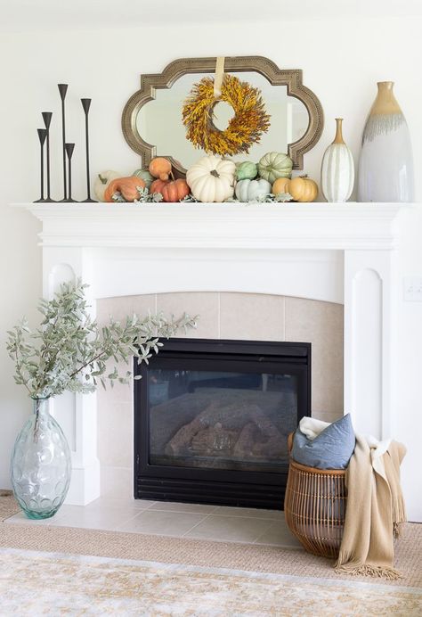 Fall mantel decorated with faux pumpkins and decorations from HomeGoods. Fall Fireplace Decor, Fall Mantle Decor, Modern Fall Decor, Fall Fireplace, Fall Mantle, Modern Fall, Fall Mantel Decorations, Fall Mantel, Up House