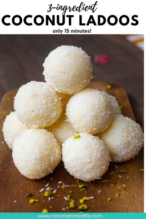 Coconut ladoos or 'nariyal ladoos' are delicious sweets served during Indian Festivities such as Diwali and Ganesh Chaturti. These sweet balls are made with just 3 ingredients and come together in under 15 minutes! #coconut #ladoo #recipe #diwali #mithai #easy Easy Diwali Sweets Recipe Simple, Diwali Mithai Recipes Easy, Nariyal Ladoo Recipe, Easy Diwali Sweets Recipe, Easy Diwali Sweets, Diwali Mithai, Mithai Recipe, Coconut Ladoo Recipe, Sweet Balls