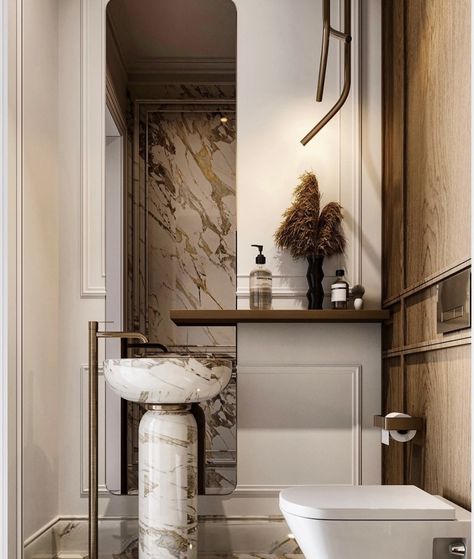 Room Ideas With Shelves, Wash Room Design, Luxury Powder Room Design, Modern Powder Room Ideas, Neoclassic Interior, Luxury Powder Room, Modern Powder Room, Wash Room, Restroom Design