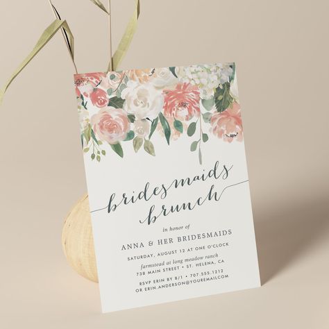 Bridesmaid Brunch Invitations, Bridesmaids Brunch, Peach Wedding Theme, Pink Wedding Stationery, Bridesmaids Luncheon, Bridesmaid Brunch, Peach And Cream, Bridesmaid Luncheon, Peonies And Hydrangeas