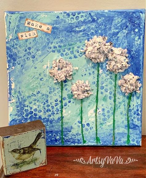 I love mixed media art projects. This one is fun and easy enough for any age. And, while you're at it, you're recycling paper from your shredder!I started by adding 3 colors of Dixie Belle Paint to a 12" x 12" canvas. I used the colors Mermaid Tail, Sea Glass, & Haint Blue. Acrylic paint would work great for this project too. I used an old hotel key card to spread the paint around on the canvas. Don't overwork it or you'll just mix the colors together & get one color. While the can… Bubble Wrap Art, One Is Fun, Recycling Paper, Hotel Key Cards, Haint Blue, Mixed Media Diy, Altered Canvas, Mixed Media Art Projects, Recycled Art Projects