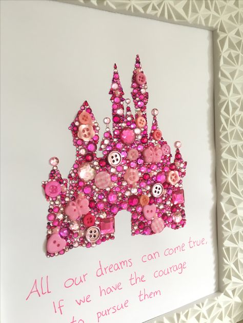 Disney Princess Room Decor Ideas, Disney Castle Diy, Pink Disney Castle, Bedazzled Painting, Disney Button Art, Disney Frames, Disney Buttons, Disney Room Decor, Holiday Painting