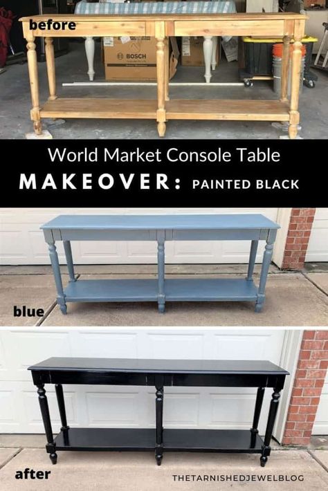 Update your entry or sofa table with this quick & easy 3-step tutorial. Try World Market Console Table Makeover:  Painted Black by thetarnishedjewelblog.com. #consoletable #consoletablemakeover #paintedconsoletable #paintedconsole #blackfurniture #blackpaintedfurniture #worldmarketfurniture #worldmarketfinds #beforeandafterfurniture #beforeandafterfurnituremakeovers #entrywaytable #blackentrytable Paint Entry Table, World Market Console Table, World Market Sofa, Black Entry Table, Console Table Makeover, World Market Table, World Market Furniture, Blue Console Table, Black Sofa Table