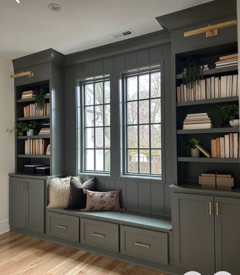 Cozy Home Library, Window Seat Design, Speak Easy, Built In Shelves Living Room, Entry Ideas, Modern Colonial, Ikea Bookshelves, Library Room, Dream Office