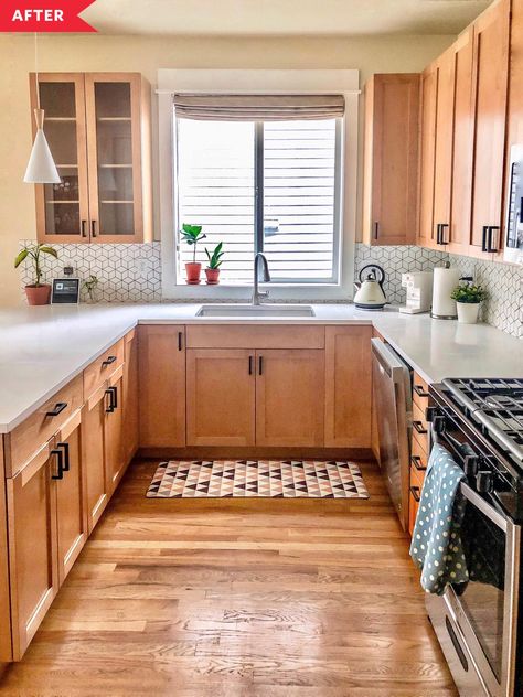 Before and After Little Kitchen Upgrades Inspiration | Kitchn “Our contractor suggested another warm color called ‘haystack’ to match our wooden cabinets, and that works even better!” Model Dapur, Kabinet Dapur, Diy Kitchen Renovation, Wood Kitchen Cabinets, Kitchen Upgrades, Little Kitchen, Diy Kitchen Cabinets, Kitchen Redo, Wooden Cabinets