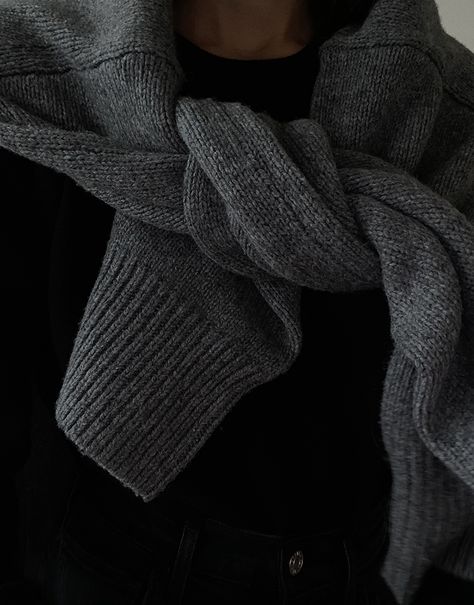 Grey Aethstetic, Knitting Aesthetic Dark, Black Sweater Aesthetic, Arket Wool, Scarf Aesthetic, Black Wool Sweater, Flannel Trousers, Grey Aesthetic, Agolde Jeans