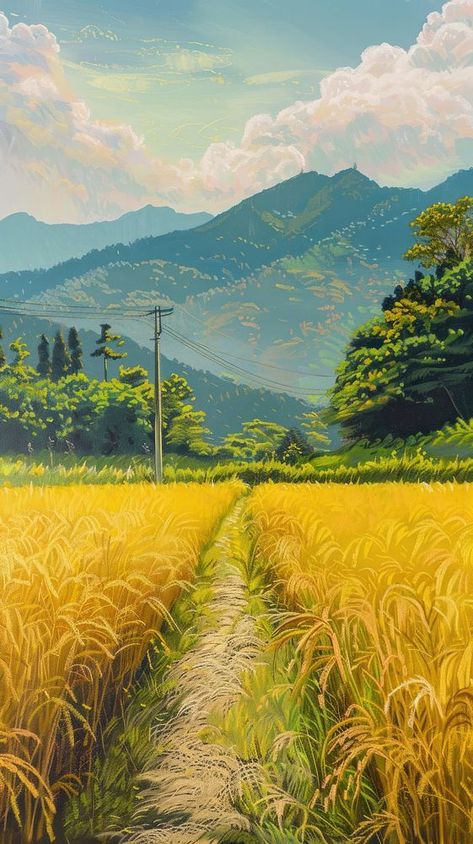 Agriculture Aesthetic Background, Rice Field Aesthetic, Rice Field Drawing, Rice Field Illustration, Agriculture Wallpaper, Rice Field Photography, Rice Field Painting, Rice Field Background, Agriculture Drawing