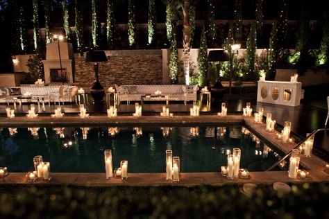 Poolside Wedding Reception, Backyard Wedding Pool, Wedding Pool Party Decorations, Pool Wedding Decorations, Pool Candles, Destin Wedding, Cocktail Party Decor, Wedding Pool Party, Pool Wedding