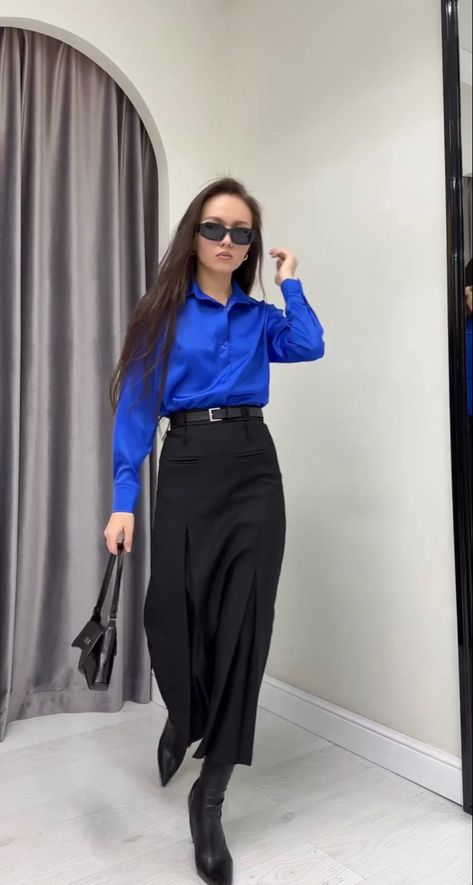 Classic electric blue ootd Electric Blue And Black Outfit, Blue Satin Top Outfit, Electric Blue Top Outfit, Electric Blue Shirt Outfit, Electric Blue Outfit, Law Outfits, Satin Top Outfit, Blue Top Outfit, Blue Satin Top