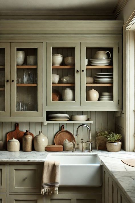 Sage green kitchen with glass-front cabinets, farmhouse sink, and marble countertops, styled with rustic ceramics and natural wood cutting boards. Kitchen Ideas Sage Green, Kitchen Cabinets Sage Green, Sage Green Kitchen Decor, Sage Green Kitchen Ideas, Sage Green Farmhouse, Sage Green Kitchen Cabinets, Green Kitchen Inspiration, Bold Marble, Green Kitchen Ideas