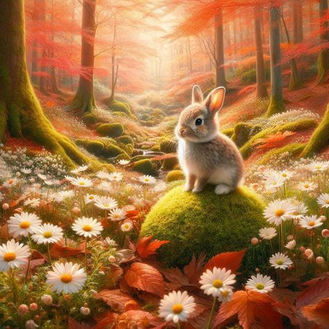 ✅A cute brown bunny rabbit sitting on a mossy rock in a whimsical forest. The forest is filled with white daisies and fallen autumn leaves. The light is soft and dreamy, and the overall feeling is one of peace and tranquility. The bunny is looking off to the side, as if it is listening to something. #adobephotoshop #adobeillustrator #adobe #artificialintelligence #leonardoia #illustrator #design #designinspiration #imagecreator #graphicdesigner #graphicdesign #programming #technology Cute Brown Bunny, Rabbit Sitting, Brown Bunny, Illustrator Design, Whimsical Forest, White Daisies, The Bunny, Bunny Rabbit, The Forest