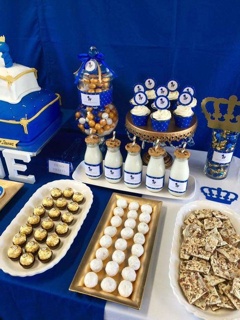 Royalty Blue & Gold Birthday Party Ideas | Photo 2 of 7 | Catch My Party Gold Birthday Party Ideas, Royal Baby Shower Boy, Royalty Baby Shower, Royal Prince Birthday Party, King Boy, Prince Birthday Theme, Prince Baby Shower Theme, Royal Birthday Party, Prince Birthday Party