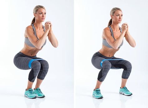 Lateral Squat Walk Setup: Secure a band loop around your thighs just above your knees and stand with your feet hip-width apart, hands clasped in front of you with your elbows bent. Kick your hips back and bend your knees to lower into a deep squat. Move: Hold your squat as you take small steps to the side, using slow, controlled movements and perfect form. Repeat in the opposite direction to complete one set. Tabi’s Tip: Stay as low as you can to really get that burn in your glutes and hips! Targeted Workouts, Lateral Squat, Oxygen Magazine, Deep Squat, Side Lunges, Strong Legs, Staying Fit, Leg Muscles, Glutes Workout