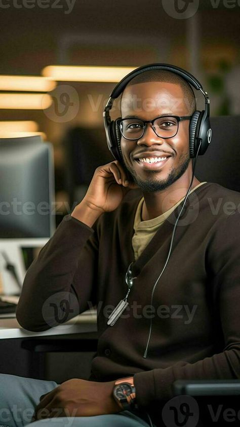 AI Generative Head shot portrait smiling African American man wearing headphones and glasses looking at camera posing for photo in modern cabinet happy satisfied male customer service operator i Man Wearing Headphones, Headphones And Glasses, African American Man, Wearing Headphones, Wearing Headphone, Modern Cabinet, Poses For Photos, African American, Vector Free