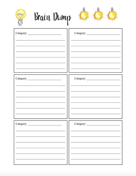 Free printable brain dump worksheet. How (and why) to do a brain dump. Get rid of brain clutter with this valuable exercise. Brainstorming Template Free Printable, Brain Dump Printable Free, Brain Dump Template Free Printables, Brain Dump To Do List, Journaling Brain Dump, Free Brain Dump Printable, Brain Dump Printable, Clearing Your Mind, College Planner Printables