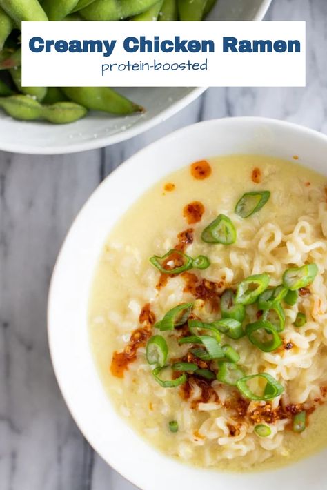 Everyone loves these protein-boosted chicken ramen noodles! The broth has creamy chicken flavor and a rich texture (just like when you get ramen from a ramen shop!). Creamy Chicken Ramen Noodle Recipes, Ramen Chicken Recipes, Ramen Noodles With Egg, Creamy Chicken Ramen, Egg In Ramen Noodles, Noodles With Egg, Creamy Ramen, Chicken Ramen Noodle Recipes, Chicken Ramen Recipe