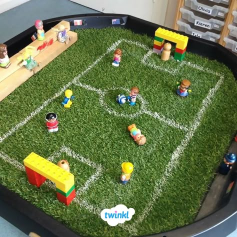 Twinkl - blog.  Looking for ideas to use the World Cup in your classroom? Check out the Twinkl Blog for oodles of suggestions, from maths and English ideas, creating fab Tuff Spot small world mini matches, just like Michelle's! #worldcup #tuffspot Sports Eyfs Activities, Sports Tuff Tray Ideas, Sport Sensory Bin, September Tuff Tray Ideas, Playschool Activities, Tuff Tray Ideas Toddlers, Reception Classroom, Reception Class, Nursery Planning