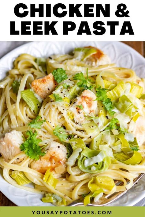 This one-pot Chicken and Leek Pasta is easy and tasty. Tender leeks, chicken, pasta, and seasonings combine in a simple alfredo cream sauce. Leeks Recipe Healthy, Leek Recipes Side Dishes, Leeks Pasta Recipe, Chicken And Leek Casserole, Chicken And Leek Recipes, Leek Pasta, Chicken And Leek Pie, Leek Recipes, Cream Pasta