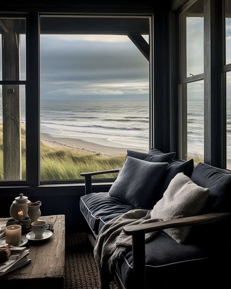 Dark Coastal Aesthetic Home, Dark Coastal Interior, Dark Coastal House, Moody Coastal Aesthetic, Dark Beach House, Dark Coastal Aesthetic, Moody Beach House, Moody Coastal, Patio Renovation