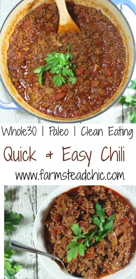 This Paleo and Whole30 Chili uses eight simple ingredients you probably already have in your kitchen. It's healthy, easy to make and a hit with the kids too! Whole 30 Chili, Chili Stovetop, Whole30 Chili, Stovetop Chili, Paleo Chili, Paleo Snack, Paleo Soup, Easy Chili, Paleo Beef