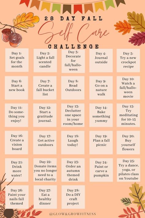 30 Day Fall Challenge, Autumn Self Care Challenge, Fall Challenge Ideas, October Wellness Challenge, Fall Wellness Tips, Fall Bucket List For Single Women, October Daily Challenge, Fall Self Care Challenge, October Self Care Ideas