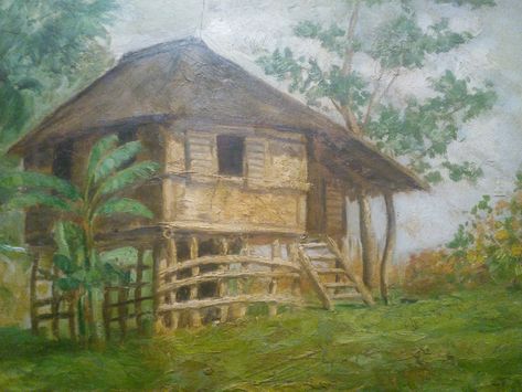 Rural Scene ( Bahay Kubo ) By Cesar Buenaventura Bahay Kubo Aesthetic, Bahay Kubo Drawing Sketch, Bahay Kubo Painting, Bahay Kubo Sketch, Bahay Kubo Philippines, Bahay Kubo Drawing, Filipino Landscape, Bahay Kubo Design Philippines, Filipino History