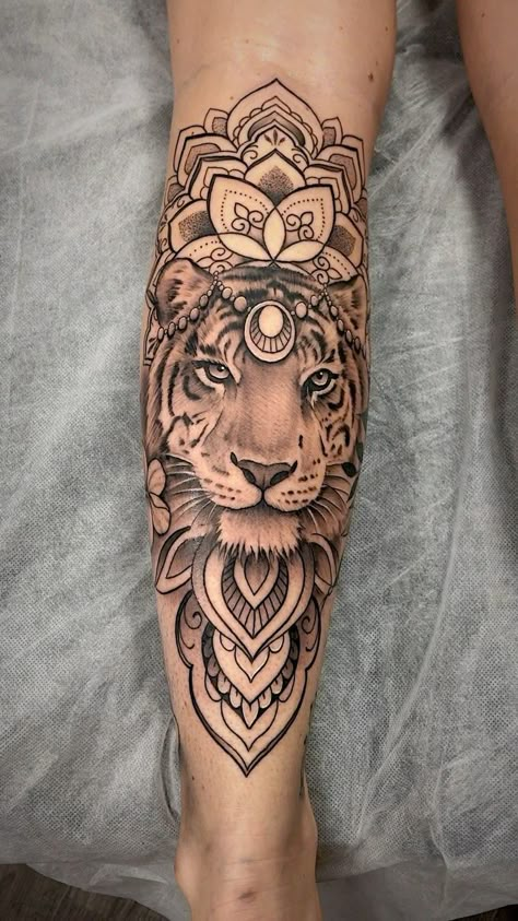 Tiger Tattoo | Tattoo Ideas and Inspiration | jaicheong Animal Mandala Tattoo, Calf Tattoos For Women, Mandala Tattoos For Women, Mandela Tattoo, Mandala Hand Tattoos, Shin Tattoo, Lion Tattoo Sleeves, Tiger Tattoo Design, Men Tattoos Arm Sleeve