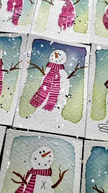 Watercolor Art For Beginners Halloween, Snowman Watercolor Christmas Cards, Watercolor Christmas Cards For Kids, Christmas Card Inspiration Design, Christmas Card Watercolor Easy, Hand Painted Christmas Cards Acrylic, Watercolor Winter Cards, Easy Winter Watercolor, Vintage Snowman Images