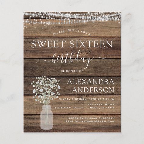 Budget Sweet 16 Birthday Rustic Invitation Flyer Budget Birthday Party, Budget Birthday, Rustic Invitation, Lace Invitations, Sweet Sixteen Invitations, Invitation Flyer, Sweet 16 Birthday Party, Sweet Sixteen Birthday, 16 Birthday