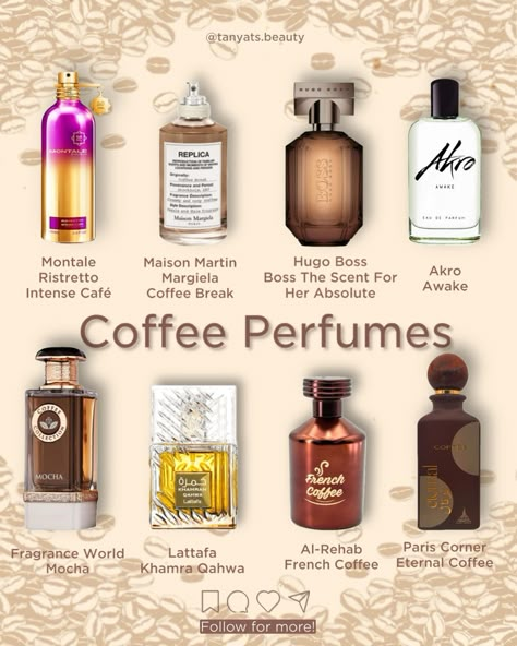 ☕️ Coffee time! Here are 8 perfumes with a prominent coffee note for every budget: ▫️ Montale Ristretto Intense Café — my personal favorite. A beast mode fragrance with notes of roses, vanilla, and coffee. ▫️ Maison Martin Margiela Coffee Break — a sweet latte with a touch of lavender. ▫️ Hugo Boss The Scent For Her Absolute — my favorite designer perfume featuring coffee, vanilla, and peach. ▫️ Akro Awake — an invigorating unisex fragrance with coffee and cardamom. ▫️ Fragrance World M... Montale Ristretto Intense Cafe, Coffee Break Perfume, Akro Awake, How To Smell Like Coffee, Boss The Scent For Her, Coffee Perfume, Milky Coffee, Coffee Scent, Fragrance Lab