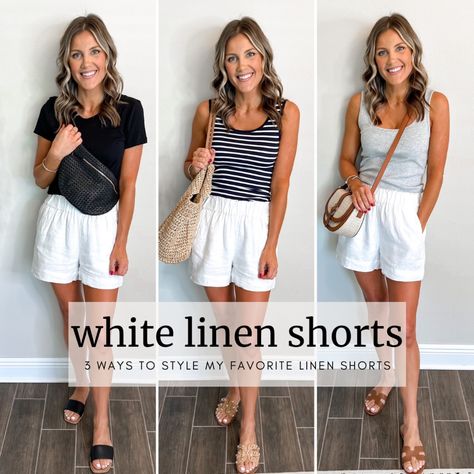 Pull-on linen short curated on LTK Linen Short Outfits Summer, White Shorts Outfit Beach, What To Wear With Linen Shorts, Beige Linen Shorts Outfit Summer, How To Style Linen Shorts, Linen Shorts Outfits Women, White Linen Shorts Outfit, Black Linen Shorts Outfit, Shorts Outfits Women Over 40