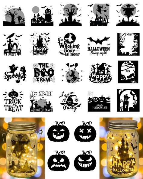 PRICES MAY VARY. What You Will Receive: the package will provide you with 24 pieces of Halloween cutouts in 24 styles, they are rich in style and abundant in quantity, convenient for you to use or replace, sufficient to meet your daily needs Size Information: the Halloween window silhouette measures approx. 10 x 9 cm/ 3.94 x 3.54 inches, which has a compact but conspicuous size, easy for you to store or carry out with for decoration, adding a sense of beauty and delicacy to your Halloween partie Halloween Bottles And Jars, Diy Halloween Decorations Mason Jars, Mason Jar Halloween Crafts Easy Diy, Printable Halloween Bottle Labels, Halloween Painted Mason Jars, Juice Crafts, Halloween Lantern Svg Free, Halloween Window Silhouettes, Party Wall Decorations