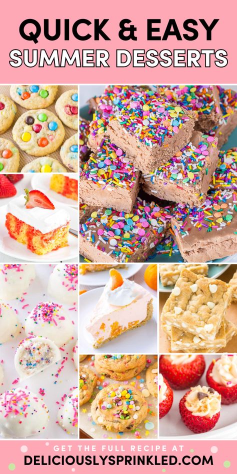 Want more 4th of July sweets? This roundup of yummy summer desserts has got you covered! You'll find different types of cakes, homemade cookies, no-bake recipes, and other quick and easy summer desserts with few ingredients! Easy Cool Summer Deserts, Summer Desserts Ideas, Easy Summer Fruit Desserts, Easy Summer Dessert Ideas, Easy Summer Baking Recipes, Easy Desserts With Few Ingredients No Bake, Quick And Easy Summer Dessert Recipes, Yummy Summer Desserts, Cool Summer Desserts