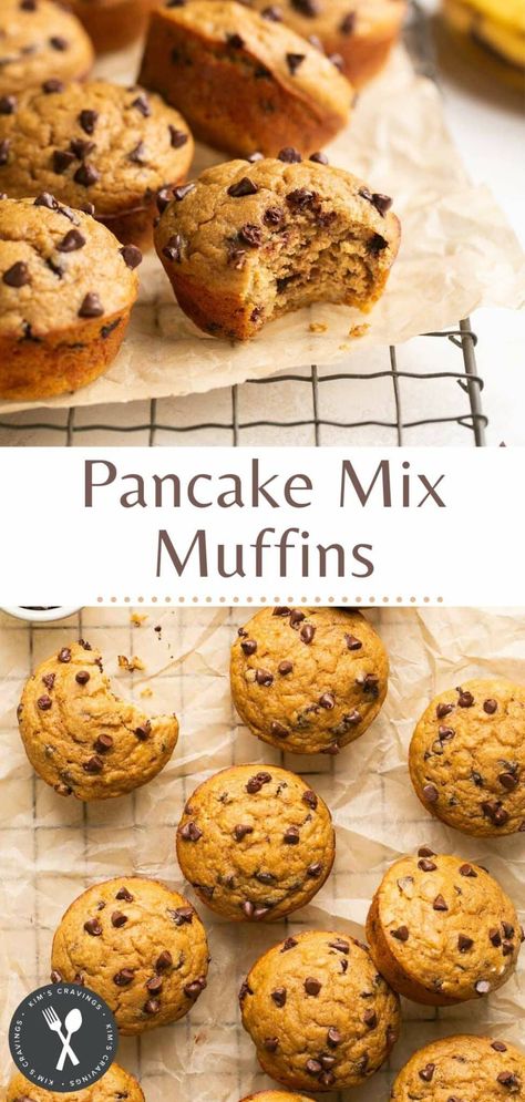 Fluffy and delicious Chocolate Chip Banana Pancake Muffins are easy to make with wholesome ingredients like Kodiak Cakes pancake mix, almond milk and bananas. They’re perfect for a quick breakfast or snack on-the-go! Banana Pancake Muffins, Krusteaz Pancake Mix Recipes, Easy Banana Chocolate Chip Muffins, Pancake Mix Muffins, Banana Protein Muffins, Banana Chocolate Chip Pancakes, Pancake Mix Recipe, Banana Protein Pancakes, Banana Muffins Easy