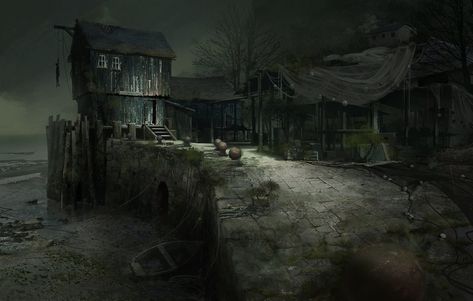 Dock Art, Fantasy Village, The Evil Within, Dark City, World Of Darkness, Cosmic Horror, Fantasy City, Fantasy Setting, Fantasy Places