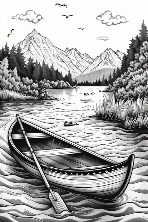 Lake Doodle, Peaceful Landscapes, Ocean Coloring Pages, Black Canvas Art, Eagle Drawing, Lake Scene, Sailboat Art, Arabic Calligraphy Design, Detailed Illustration