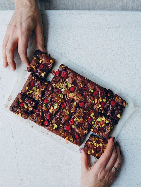 Pistachio Brownies, Pistachio And Raspberry, A Bridge Too Far, Raspberry Brownies, Perfect Brownies, Anna Jones, Vegan Egg, Frozen Raspberries, Sbs Food