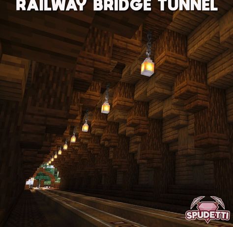 Minecart Tunnel Minecraft, Minecraft Railway Station Ideas, Minecraft Corridor Design, Minecraft Railway Ideas Underground, Tunnel Minecraft Ideas, Tunnel Design Minecraft, Tunnels Minecraft, Minecraft Train Tunnel, Ceiling Ideas Minecraft