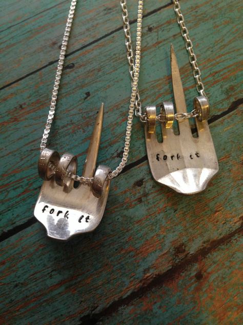 Upcycled fork necklace..."Fork it" attitude vintage fork necklace...vintage silverware...Necklace fork...handstamped with attitude and sass by SilverBellesCrafts on Etsy https://www.etsy.com/listing/248516232/upcycled-fork-necklacefork-it-attitude Silverware Necklace, Fork Necklace, Vintage Silverware Jewelry, Spoon Jewelry Diy, Impress Art, Silver Spoon Jewelry, Cutlery Art, Fork Jewelry, Jewelry Making Rings