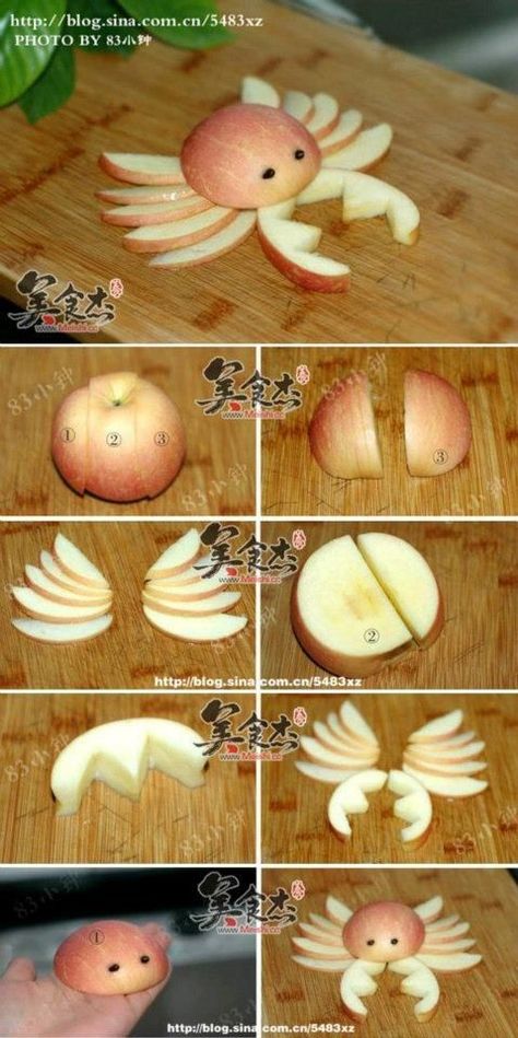 How To Cut Apples, Cute Food Tutorial, Apple Food Art, Apple Crab, Apple Food, Apple Ideas, Deco Fruit, Apple Cut, Fruit Animals