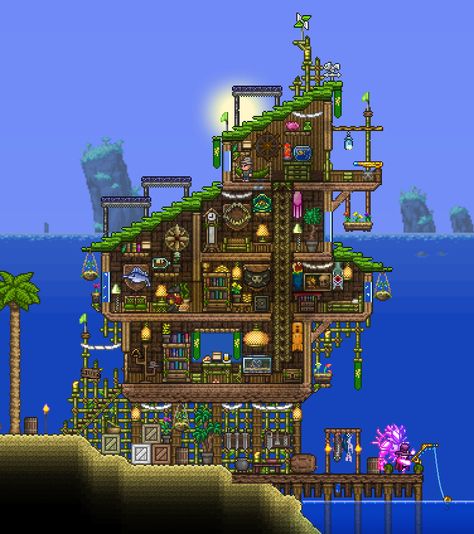 Beach House Terraria, Terraria Beach House, Terraria Castle, Terraria Houses, Terraria Design, Terraria Game, Terrarium Base, Terraria Tips, Terraria House Ideas