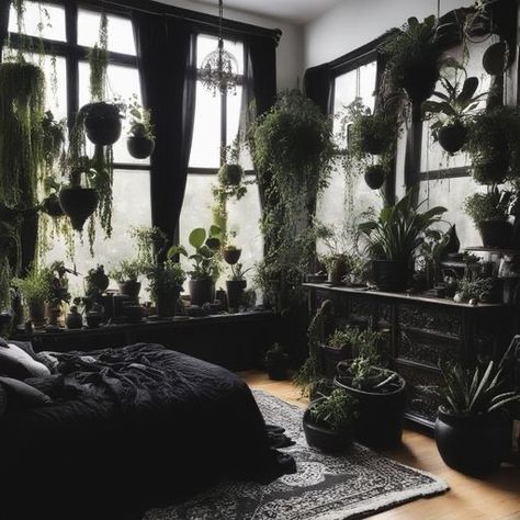 Moody Bedrooms, Statement Plants, Baddie Bedroom, Dramatic Bedroom, Baddie Bedroom Ideas, Moody Bedroom Ideas, Gothic Homeware, Vintage Inspired Bedroom, Forest Room