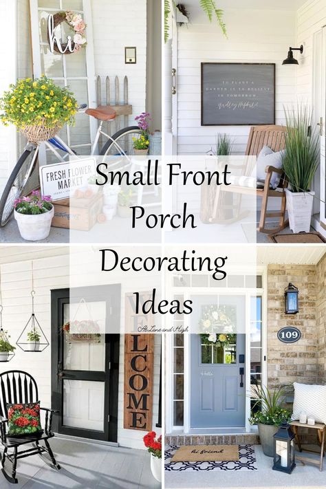 Front Porch Seating Ideas, Small Front Porch Decorating Ideas, Small Porch Decorating Ideas, Exterior Entryway Ideas, Stoop Decor, Outdoor Entryway Decor, Small Front Porch Decor, Front Porch Seating, Small Porch Ideas