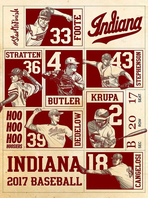 Indiana Vintage Sports Design, Vintage Sports Graphic Design, Vintage Sports Graphics, Vintage Sports Posters Graphic Design, College Ads, Baseball Gameday Graphics, Vintage Baseball Graphic Design, Sport Stats Graphic Design, Baseball Graphics