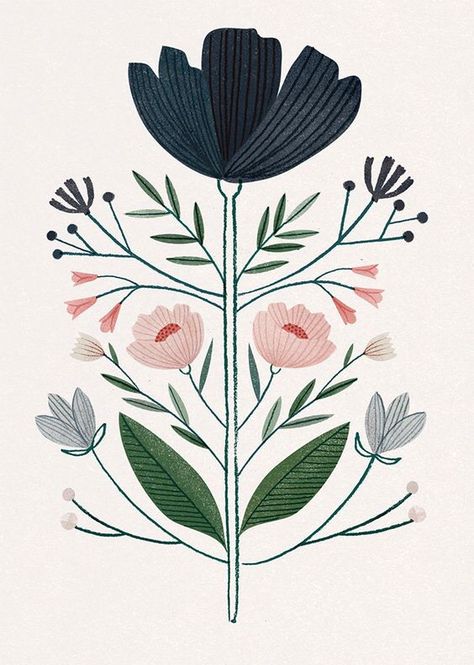 Symmetrical Flower Illustration, Clare Owen Illustration, Symmetrical Flower Drawing, Folk Flowers Tattoo, Folk Flowers Illustration, Modern Floral Drawing, Flower Digital Art Illustrations, Modern Flower Illustration, Floral Digital Art