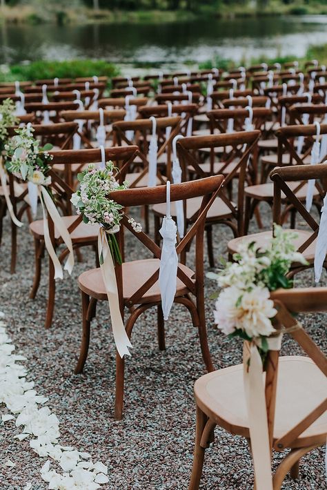 Mismatched Wooden Chairs Wedding, Wedding Wooden Chairs, Crossback Chairs Wedding, Tree Uplighting, Outside Wedding Ceremonies, Lighting Tree, String Lighting, Ceremony Chairs, Wedding Cross