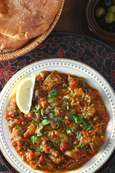 Moroccan Eggplant Salad (Zaalouk) | Lands & Flavors Moroccan Aubergine Recipes, Eggplant Burgers, Cooked Eggplant, Lebanese Eggplant, Eggplant Cutlets, Basil Eggplant, Moroccan Eggplant, Eggplant Sauce, Aubergine Salad