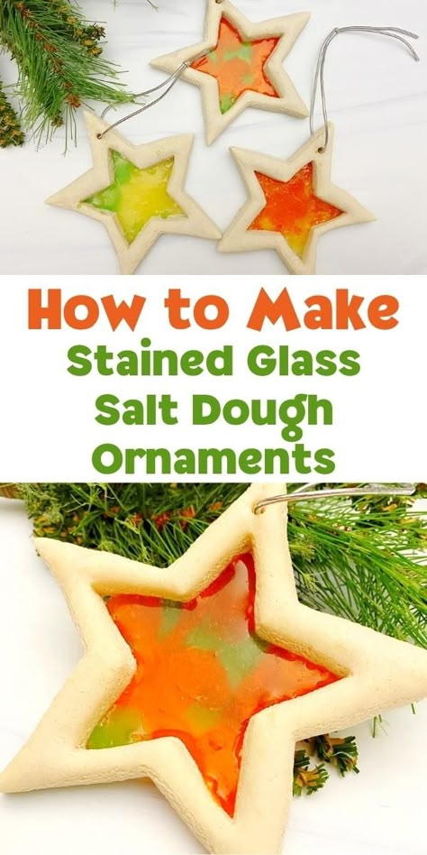 A quick and easy Christmas craft to make beautiful stained glass Christmas Tree Ornaments from salt dough. These simple stars are great to make to hang on the tree and will last for years. Salt Dough Fingerprint Christmas Tree, Dough Art Ornaments, Simple Salt Dough Ornaments, Salt Dough Ornament Ideas For Kids, Salt Dough Xmas Decorations, Salt Cookie Ornaments, Salt Dough Decorations Christmas, Quick Ornaments For Kids, Salt Dough Christmas Tree