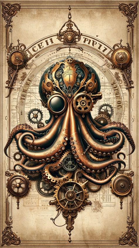 Dive into the deep with a captivating steampunk octopus, its tentacles adorned with gears and glistening with the essence of an underwater world transformed by Victorian ingenuity. Witness the graceful dance of this mechanical marvel beneath the waves, where fantasy meets the deep blue sea. Steam Punk Wallpaper, Steampunk Wallpaper, Steampunk Mixed Media Art, Steampunk Images, Hilarious Dogs, Steampunk Tattoo, Steampunk Illustration, Steampunk Animals, Sea Creatures Art