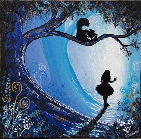 Alice in Wonderland Cheshire Cat Collage, Alice In Wonderland Woods, Fantasy Painting Ideas, Cheshire Cat Painting, Painting With A Twist Ideas, Cheshire Cat Illustration, Alice In Wonderland Painting, Alice In Wonderland Paintings, Cheshire Cat Art